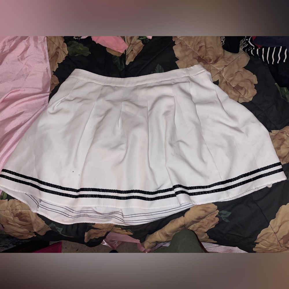 White Pleated Skirt with Black Stripes